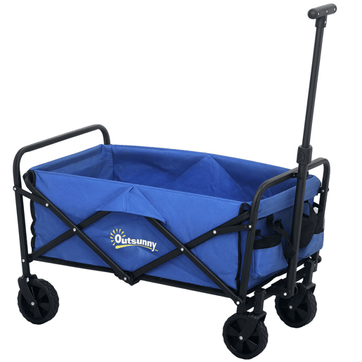 Outsunny Carrinho de Transporte com Rodas Carrinho de Jardim Dobrável com Pega Telescópica Ajustável 2 Bolsas de Arrumação Carrinho de Praia Jardim Campismo Carga 120 kg 64x42x27 cm Azul