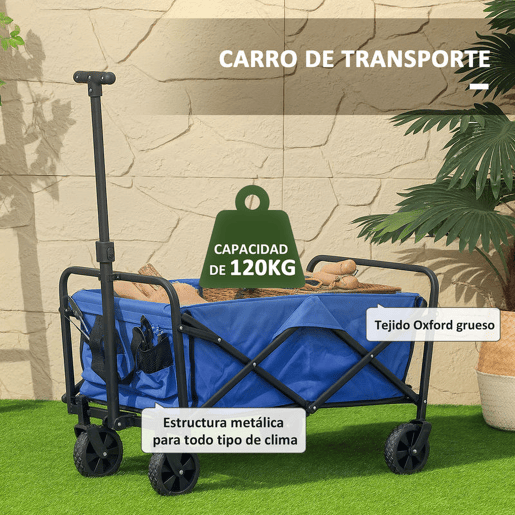 Outsunny Carrinho de Transporte com Rodas Carrinho de Jardim Dobrável com Pega Telescópica Ajustável 2 Bolsas de Arrumação Carrinho de Praia Jardim Campismo Carga 120 kg 64x42x27 cm Azul