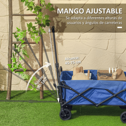 Outsunny Carrinho de Transporte com Rodas Carrinho de Jardim Dobrável com Pega Telescópica Ajustável 2 Bolsas de Arrumação Carrinho de Praia Jardim Campismo Carga 120 kg 64x42x27 cm Azul
