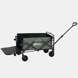 Outsunny Carrinho de Transporte com Rodas Carrinho de Jardim Dobrável com Puxador Telescópico Ajustável Porta Traseira Expansível Carga 90 kg Carrinho de Praia 114x46x65-92 cm Verde