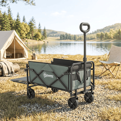 Outsunny Carrinho de Transporte com Rodas Carrinho de Jardim Dobrável com Puxador Telescópico Ajustável Porta Traseira Expansível Carga 90 kg Carrinho de Praia 114x46x65-92 cm Verde