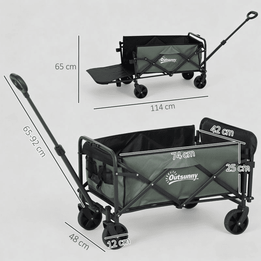 Outsunny Carrinho de Transporte com Rodas Carrinho de Jardim Dobrável com Puxador Telescópico Ajustável Porta Traseira Expansível Carga 90 kg Carrinho de Praia 114x46x65-92 cm Verde