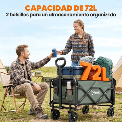 Outsunny Carrinho de Transporte com Rodas Carrinho de Jardim Dobrável com Puxador Telescópico Ajustável Porta Traseira Expansível Carga 90 kg Carrinho de Praia 114x46x65-92 cm Verde