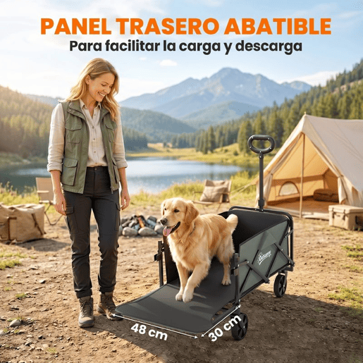 Outsunny Carrinho de Transporte com Rodas Carrinho de Jardim Dobrável com Puxador Telescópico Ajustável Porta Traseira Expansível Carga 90 kg Carrinho de Praia 114x46x65-92 cm Verde