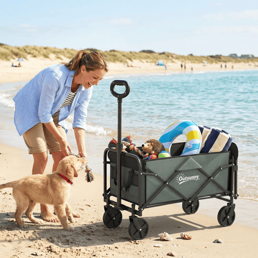 Outsunny Carrinho de Transporte com Rodas Carrinho de Jardim Dobrável com Puxador Telescópico Ajustável Porta Traseira Expansível Carga 90 kg Carrinho de Praia 114x46x65-92 cm Verde