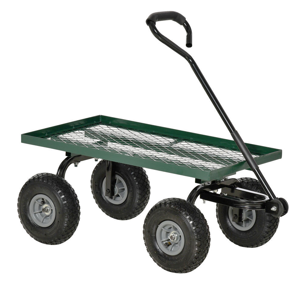 Outsunny carro de jardín con ruedas grandes carretilla de mano con mango revestido y estructura de acero carga 150 kg carro de transporte para camping exterior negro y verde