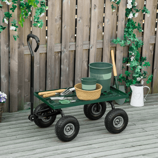 Outsunny Carro de Transporte com Pega Revestida e 4 Rodas Grandes de Ø24 cm Carrinho de Jardim em Aço Capacidade 150 kg 94x48,5x100 cm Preto e Verde