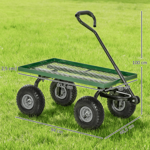 Outsunny Carro de Transporte com Pega Revestida e 4 Rodas Grandes de Ø24 cm Carrinho de Jardim em Aço Capacidade 150 kg 94x48,5x100 cm Preto e Verde