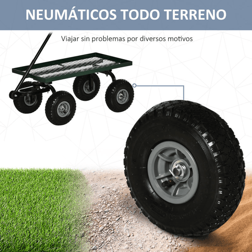 Outsunny Carro de Transporte com Pega Revestida e 4 Rodas Grandes de Ø24 cm Carrinho de Jardim em Aço Capacidade 150 kg 94x48,5x100 cm Preto e Verde