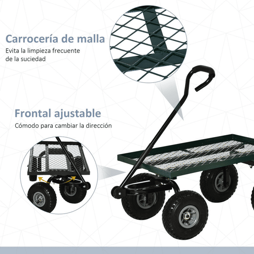 Outsunny Carro de Transporte com Pega Revestida e 4 Rodas Grandes de Ø24 cm Carrinho de Jardim em Aço Capacidade 150 kg 94x48,5x100 cm Preto e Verde
