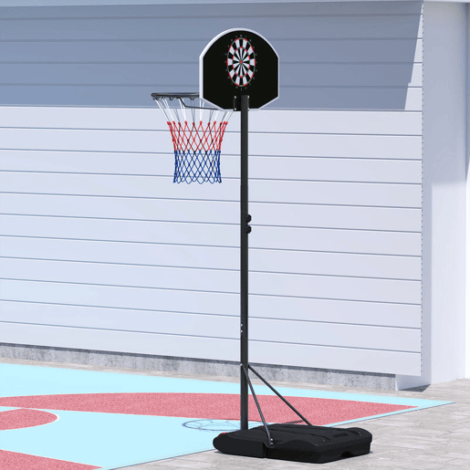 SPORTNOW Tabela de Basquetebol para Exterior com Alvo de Dardos Tabela de Basquetebol Portátil com Ajustável 210-247 cm Rodas Base Rellenável para Adolescentes e Adultos Preto