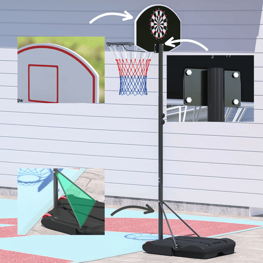 SPORTNOW Tabela de Basquetebol para Exterior com Alvo de Dardos Tabela de Basquetebol Portátil com Ajustável 210-247 cm Rodas Base Rellenável para Adolescentes e Adultos Preto