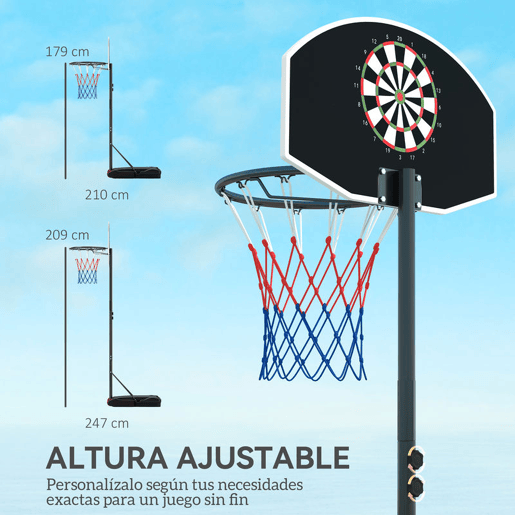 SPORTNOW Tabela de Basquetebol para Exterior com Alvo de Dardos Tabela de Basquetebol Portátil com Ajustável 210-247 cm Rodas Base Rellenável para Adolescentes e Adultos Preto