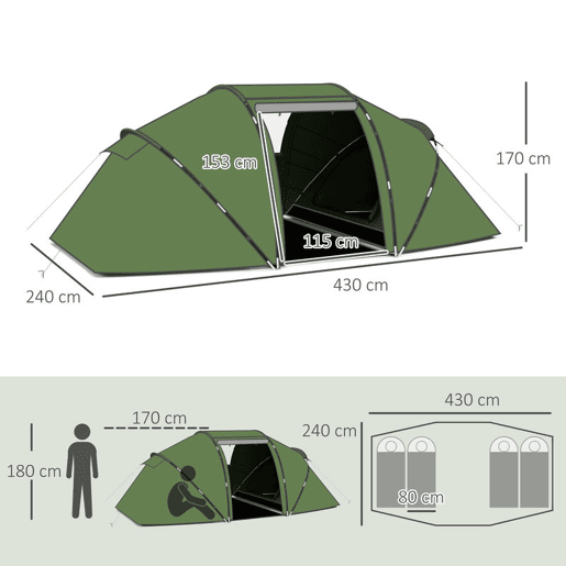 Outsunny Tenda de Campismo Familiar para 4 Pessoas Tenda de Campismo Dobrável com Bolsa de Transporte Impermeável para Praia Parque 430x240x170 cm Verde