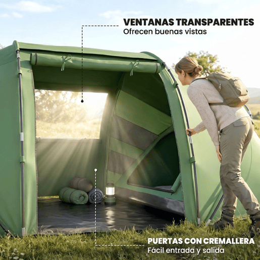 Outsunny Tenda de Campismo Familiar para 4 Pessoas Tenda de Campismo Dobrável com Bolsa de Transporte Impermeável para Praia Parque 430x240x170 cm Verde