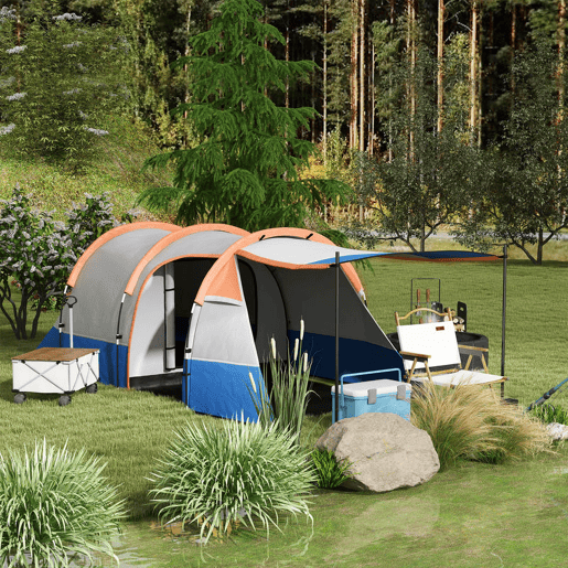 Outsunny Tenda de Campismo Familiar para 3 Pessoas Tenda de Camping Dobrável Leve com 2 Compartimentos Bolsa de Transporte Impermeável 2000 mm para Praia e Caminhadas 420x200x150 cm Azul e Laranja