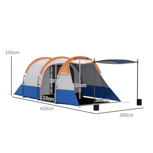 Outsunny Tenda de Campismo Familiar para 3 Pessoas Tenda de Camping Dobrável Leve com 2 Compartimentos Bolsa de Transporte Impermeável 2000 mm para Praia e Caminhadas 420x200x150 cm Azul e Laranja