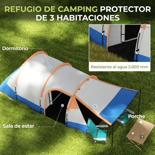 Outsunny Tenda de Campismo Familiar para 3 Pessoas Tenda de Camping Dobrável Leve com 2 Compartimentos Bolsa de Transporte Impermeável 2000 mm para Praia e Caminhadas 420x200x150 cm Azul e Laranja