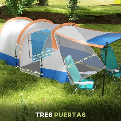 Outsunny Tenda de Campismo Familiar para 3 Pessoas Tenda de Camping Dobrável Leve com 2 Compartimentos Bolsa de Transporte Impermeável 2000 mm para Praia e Caminhadas 420x200x150 cm Azul e Laranja