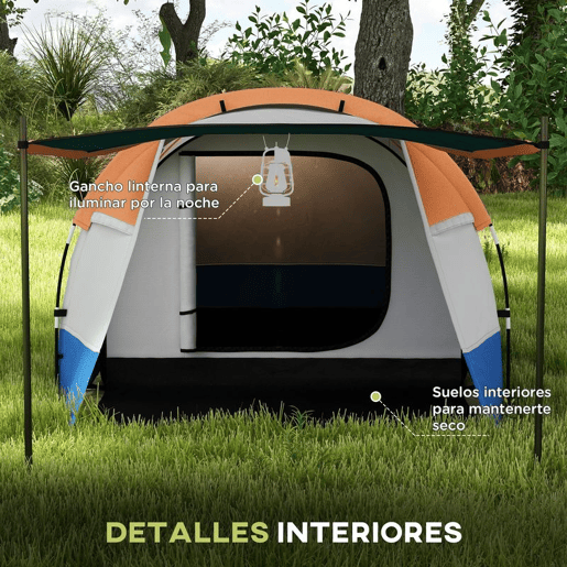 Outsunny Tenda de Campismo Familiar para 3 Pessoas Tenda de Camping Dobrável Leve com 2 Compartimentos Bolsa de Transporte Impermeável 2000 mm para Praia e Caminhadas 420x200x150 cm Azul e Laranja