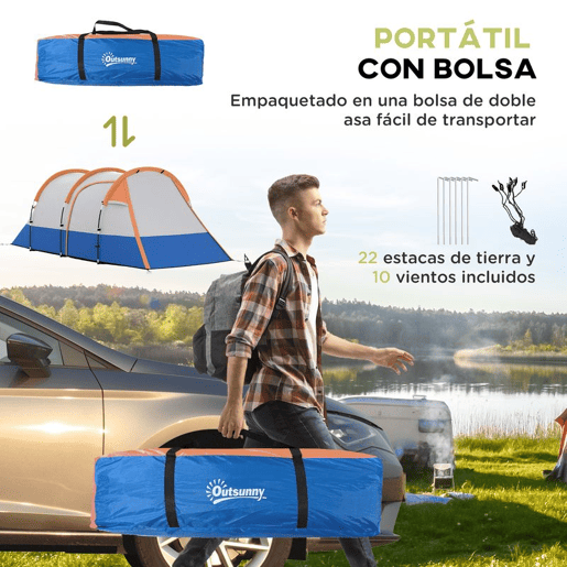 Outsunny Tenda de Campismo Familiar para 3 Pessoas Tenda de Camping Dobrável Leve com 2 Compartimentos Bolsa de Transporte Impermeável 2000 mm para Praia e Caminhadas 420x200x150 cm Azul e Laranja