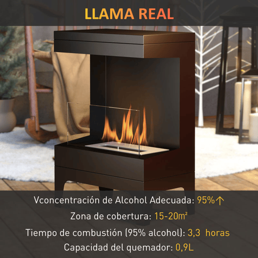 HOMCOM Lareira de Bioetanol Lareira de Bioetanol de Pé com Depósito de 0,9L Apagador de Chamas de Aço Inoxidável Tempo de Combustão 3,3H para Interiores 15-20 m² 38x22x54 cm Preto