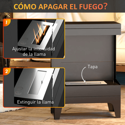 HOMCOM Lareira de Bioetanol Lareira de Bioetanol de Pé com Depósito de 0,9L Apagador de Chamas de Aço Inoxidável Tempo de Combustão 3,3H para Interiores 15-20 m² 38x22x54 cm Preto