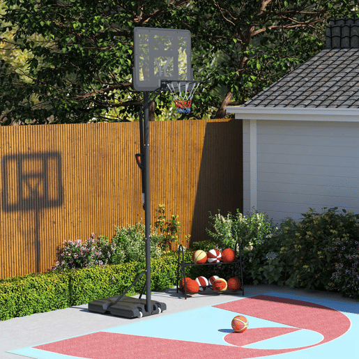 SPORTNOW Tabela de Basquetebol de Exterior com Altura Ajustável 235-305 cm Tabela de Basquetebol com Suporte Rodas Base Recarregável e Bolsa de Peso 90x60x305 cm Preto