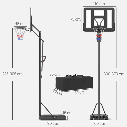 SPORTNOW Tabela de Basquetebol de Exterior com Altura Ajustável 235-305 cm Tabela de Basquetebol com Suporte Rodas Base Recarregável e Bolsa de Peso 90x60x305 cm Preto