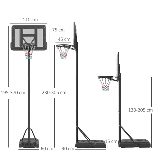 SPORTNOW Tabela de Basquetebol de Exterior 2 em 1 com Altura Ajustável 230-305 cm Cesta de Basquetebol para Piscina com Suporte Tabela de Basquetebol com Rodas Base Preenchível 110x75x195-370 cm Preto