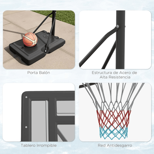 SPORTNOW Tabela de Basquetebol de Exterior 2 em 1 com Altura Ajustável 230-305 cm Cesta de Basquetebol para Piscina com Suporte Tabela de Basquetebol com Rodas Base Preenchível 110x75x195-370 cm Preto