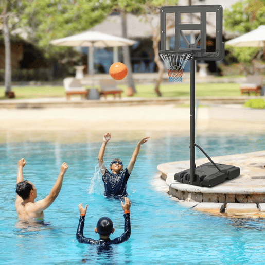 SPORTNOW Tabela de Basquetebol de Exterior 2 em 1 com Altura Ajustável 230-305 cm Cesta de Basquetebol para Piscina com Suporte Tabela de Basquetebol com Rodas Base Preenchível 110x75x195-370 cm Preto