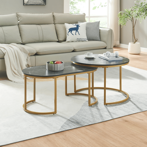Mesa de centro Oppeerg conjunto de 2 metal aspeto mármore, pretodourado en.casa