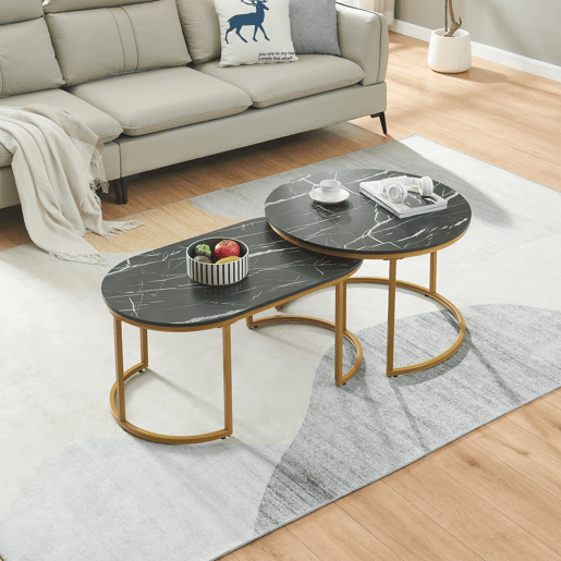 Mesa de centro Oppeerg conjunto de 2 metal aspeto mármore, pretodourado en.casa