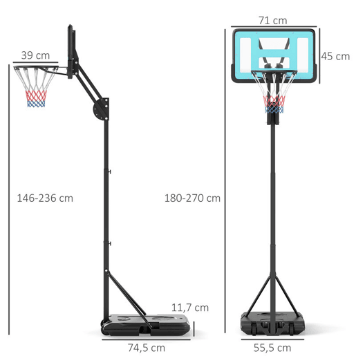 SPORTNOW Cesto de Basquetebol para Exterior, Altura Ajustável 146-236 cm, Cesto Portátil com Rodas, 2 Ajustes de Altura, Base Preenchível para Adolescentes e Adultos, Uso Interior e Exterior