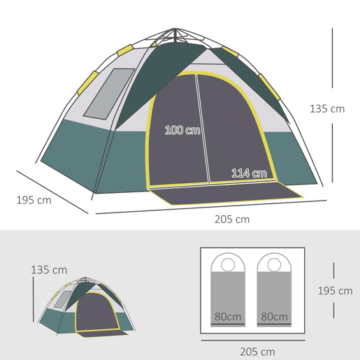 Outsunny Tenda de Campismo para 2-3 Pessoas Tenda de Campismo Dobrável com 1 Porta 3 Janelas Bolsa de Transporte e Abertura Automática para Praia Parque 205x195x135 cm Verde