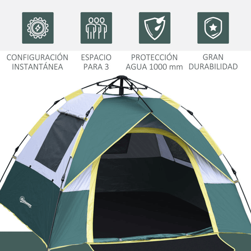 Outsunny Tenda de Campismo para 2-3 Pessoas Tenda de Campismo Dobrável com 1 Porta 3 Janelas Bolsa de Transporte e Abertura Automática para Praia Parque 205x195x135 cm Verde