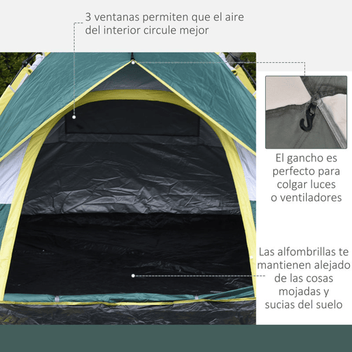 Outsunny Tenda de Campismo para 2-3 Pessoas Tenda de Campismo Dobrável com 1 Porta 3 Janelas Bolsa de Transporte e Abertura Automática para Praia Parque 205x195x135 cm Verde
