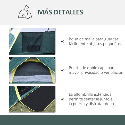 Outsunny Tenda de Campismo para 2-3 Pessoas Tenda de Campismo Dobrável com 1 Porta 3 Janelas Bolsa de Transporte e Abertura Automática para Praia Parque 205x195x135 cm Verde
