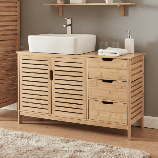 Móvel de apoio Boksereys 2 portas e 3 gavetas 60x100x35 cm em bambu natural en.casa Móvel de apoio Boksereys 2 portas e 3 gavetas 60x100x35 cm em bambu natural en.casa