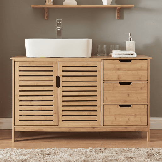 Móvel de apoio Boksereys 2 portas e 3 gavetas 60x100x35 cm em bambu natural en.casa Móvel de apoio Boksereys 2 portas e 3 gavetas 60x100x35 cm em bambu natural en.casa