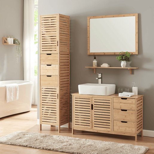 Móvel de apoio Boksereys 2 portas e 3 gavetas 60x100x35 cm em bambu natural en.casa Móvel de apoio Boksereys 2 portas e 3 gavetas 60x100x35 cm em bambu natural en.casa