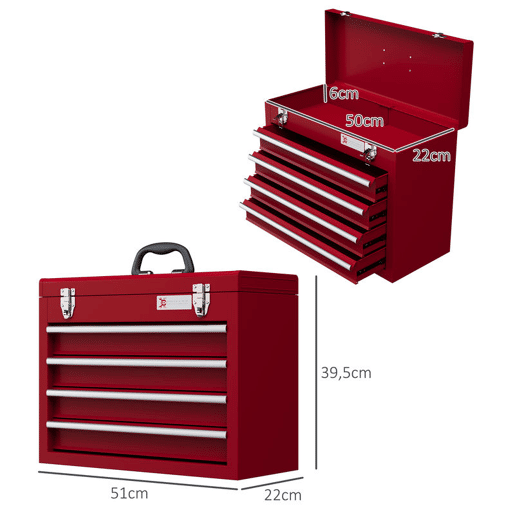 DURHAND Caixa de Ferramentas de Aço com 2 Gavetas Tampa Abatível e Fechaduras Metálicas Mala de Ferramentas Portátil para Oficina Bricolage Casa 51x22x39,5 cm Vermelho