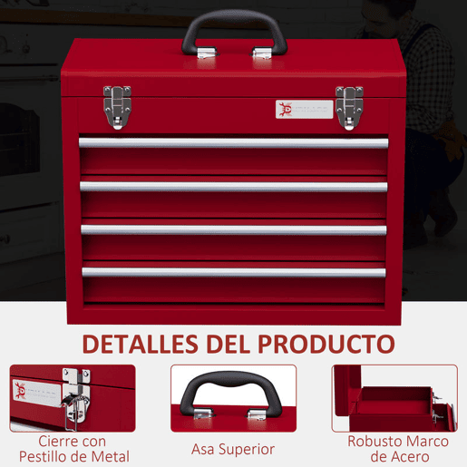 DURHAND Caixa de Ferramentas de Aço com 2 Gavetas Tampa Abatível e Fechaduras Metálicas Mala de Ferramentas Portátil para Oficina Bricolage Casa 51x22x39,5 cm Vermelho