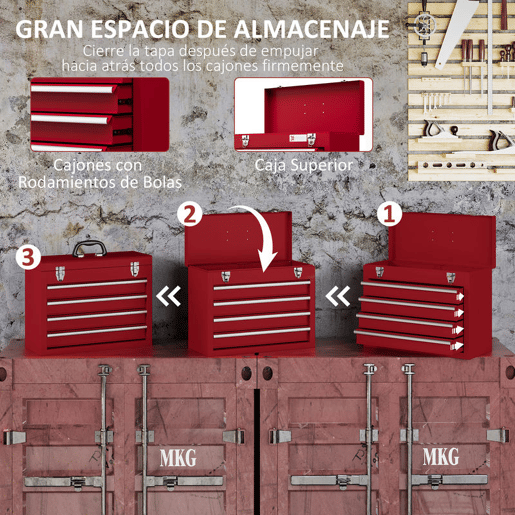 DURHAND Caixa de Ferramentas de Aço com 2 Gavetas Tampa Abatível e Fechaduras Metálicas Mala de Ferramentas Portátil para Oficina Bricolage Casa 51x22x39,5 cm Vermelho