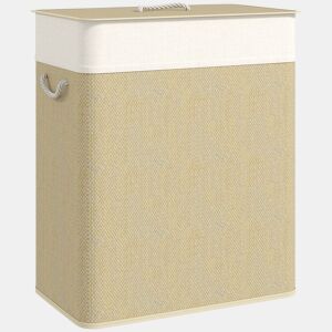 HOMCOM Cesto de Roupa com Tampa 100L Cesto para Roupa Suja de Bambu com 2 Compartimentos Bolsa Interior Amóvivel para Lavandaria Casa de Banho 52x32x63 cm Bege e Creme