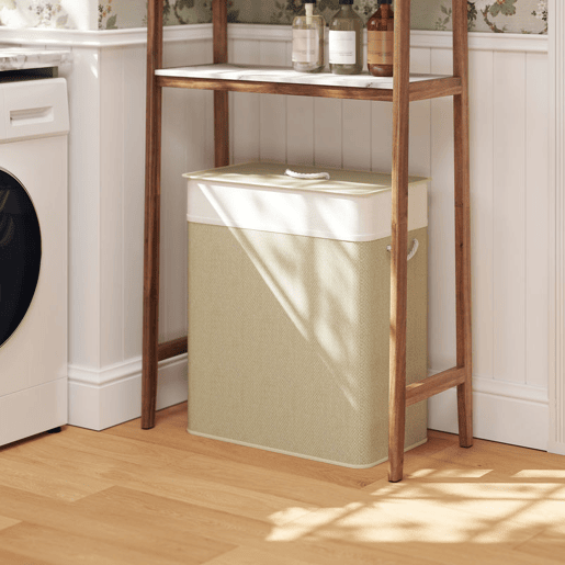 HOMCOM Cesto de Roupa com Tampa 100L Cesto para Roupa Suja de Bambu com 2 Compartimentos Bolsa Interior Amóvivel para Lavandaria Casa de Banho 52x32x63 cm Bege e Creme