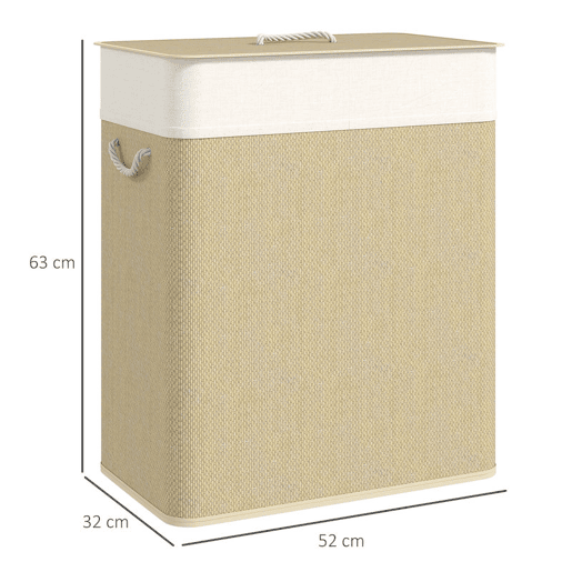 HOMCOM Cesto de Roupa com Tampa 100L Cesto para Roupa Suja de Bambu com 2 Compartimentos Bolsa Interior Amóvivel para Lavandaria Casa de Banho 52x32x63 cm Bege e Creme