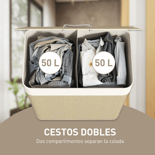 HOMCOM Cesto de Roupa com Tampa 100L Cesto para Roupa Suja de Bambu com 2 Compartimentos Bolsa Interior Amóvivel para Lavandaria Casa de Banho 52x32x63 cm Bege e Creme
