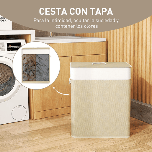 HOMCOM Cesto de Roupa com Tampa 100L Cesto para Roupa Suja de Bambu com 2 Compartimentos Bolsa Interior Amóvivel para Lavandaria Casa de Banho 52x32x63 cm Bege e Creme